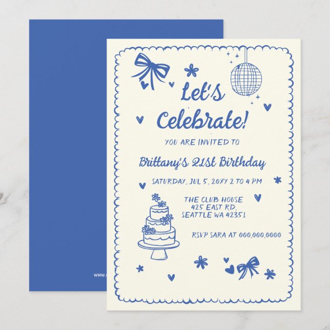 Doodle Hand drawn Blue Bow Disco Ball Birthday Invitation (Front/Back)