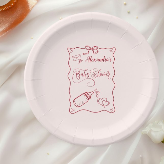 Doodle Hand Drawn Bow Baby Shower Paper Plates (Creator Uploaded)