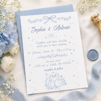Doodle Hand Drawn Dusty Blue Swans Wedding Invitation