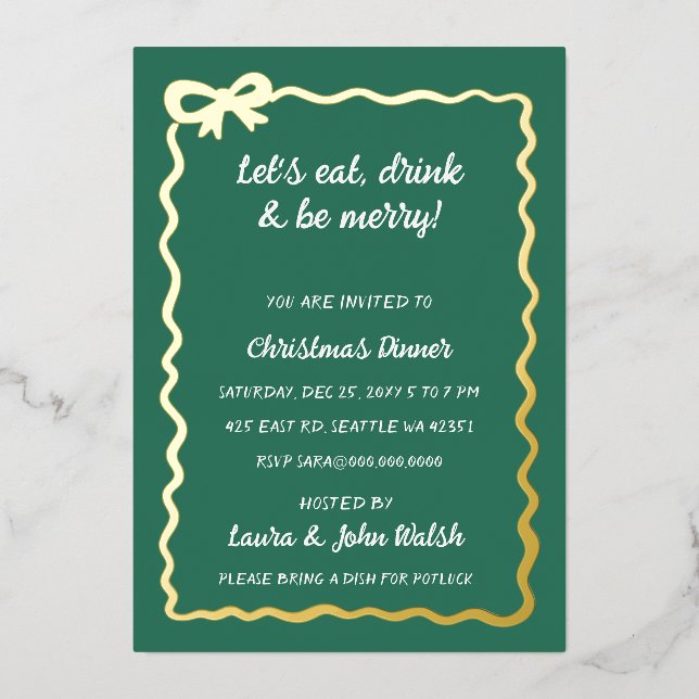 Doodle Hand drawn Green White Bow Christmas Party Foil Invitation (Front)