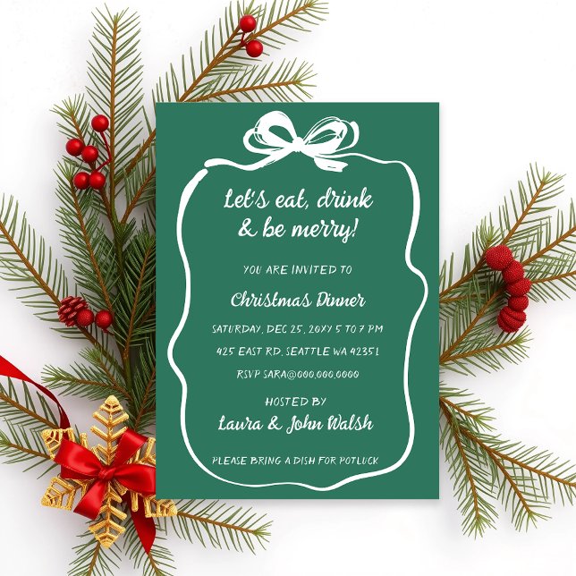 Doodle Hand drawn Green White Bow Christmas Party Invitation (Doodle Hand drawn Green White Bow Christmas Party Invitation)