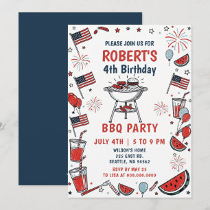 Doodle Hand Drawn July 4th BBQ Birthday Party  Invitation