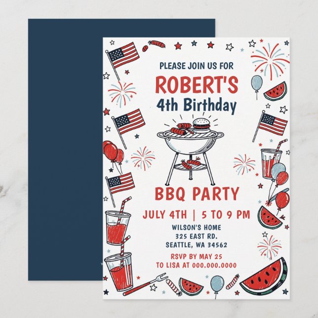 Doodle Hand Drawn July 4th BBQ Birthday Party  Invitation (Front/Back)
