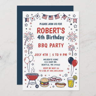 Doodle Hand Drawn July 4th BBQ Birthday Party  Invitation