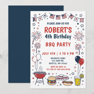 Doodle Hand Drawn July 4th BBQ Birthday Party  Invitation