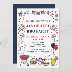 Doodle Hand Drawn July 4th BBQ Holiday Party Invitation