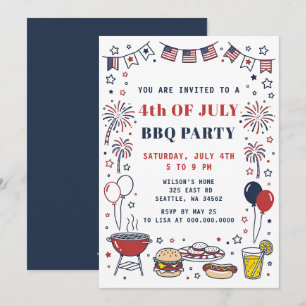 Doodle Hand Drawn July 4th BBQ Holiday Party  Invitation