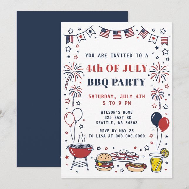 Doodle Hand Drawn July 4th BBQ Holiday Party  Invitation (Front/Back)