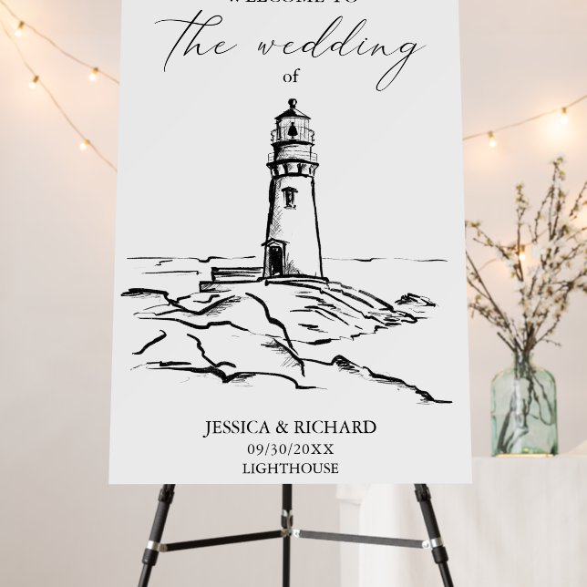 Doodle Hand Drawn Lighthouse Coastal Wedding Foam Board (In Situ (Stand))