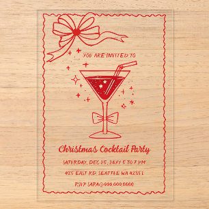Doodle Hand drawn Pink Red Bow Christmas Cocktails Acrylic Invitations
