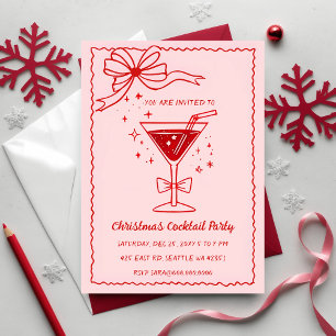 Doodle Hand drawn Pink Red Bow Christmas Cocktails Invitation