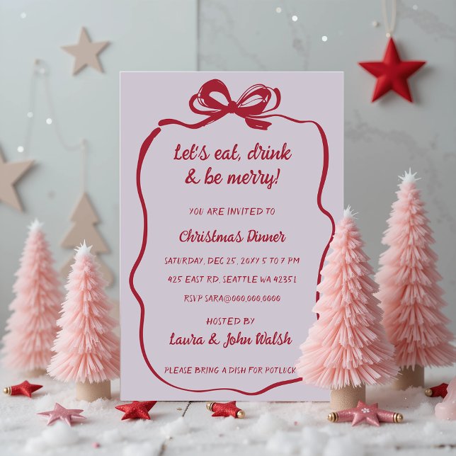 Doodle Hand drawn Pink Red Bow Christmas Party Invitation (Doodle Hand drawn Pink Red Bow Christmas Party Invitation)
