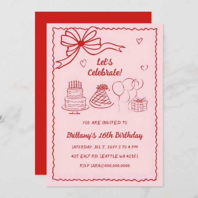 Doodle Hand drawn Pink Red Coquette Bow Birthday Invitation (Front/Back)
