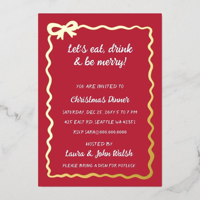 Doodle Hand drawn Red White Bow Christmas Party Foil Invitation (Front)