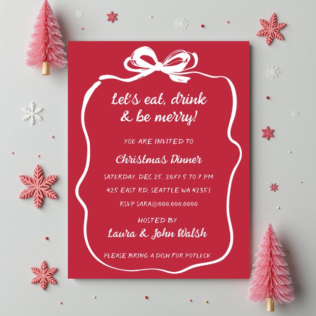 Doodle Hand drawn Red White Bow Christmas Party Invitation (Doodle Hand drawn Red White Bow Christmas Party Invitation)