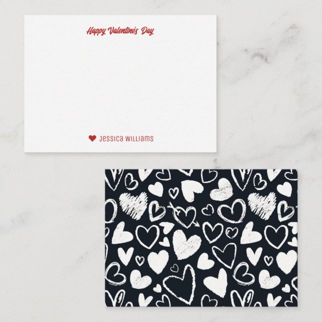 Doodle Heart Pattern Black White Valentine's Day Note Card (Front/Back)