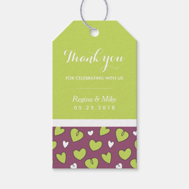 Doodle Heart Pattern Wedding Gift Tag Purple Green (Front)