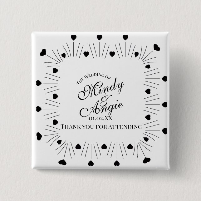 Doodle Hearts Frame Script Wedding Button (Front)