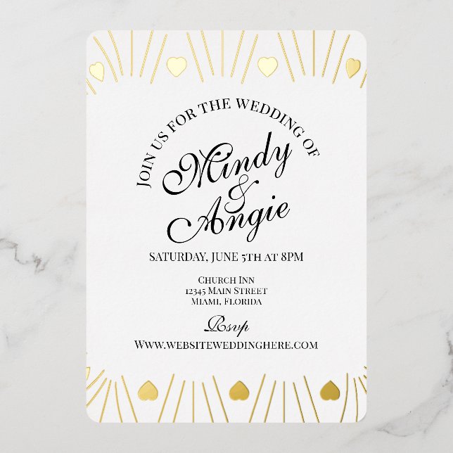 Doodle Hearts Frame Script Wedding Foil Invitation (Front)