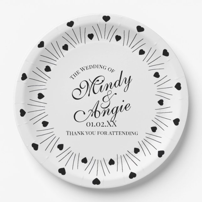 Doodle Hearts Frame Script Wedding Paper Plates (Front)
