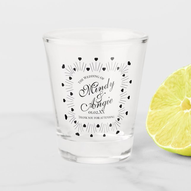 Doodle Hearts Frame Script Wedding Shot Glass (Front)