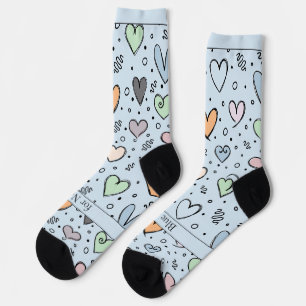 Doodle Hearts on Light Blue with Text Socks