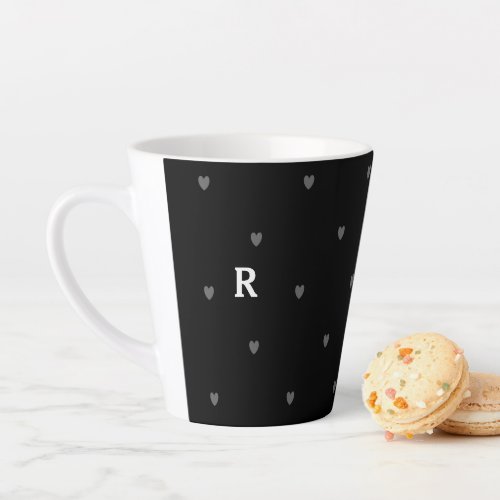 Doodle Hearts Patterns Black Red Monogram Initial Latte Mug