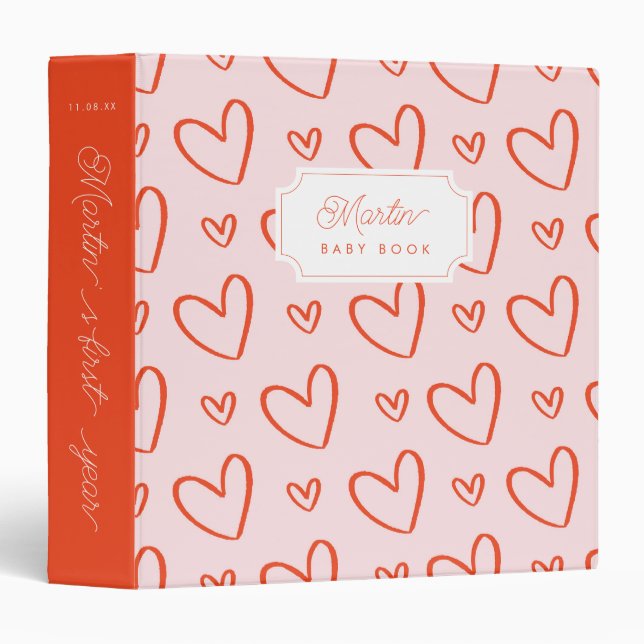 Doodle hearts - pink & red Baby Book 3 Ring Binder (Front/Spine)
