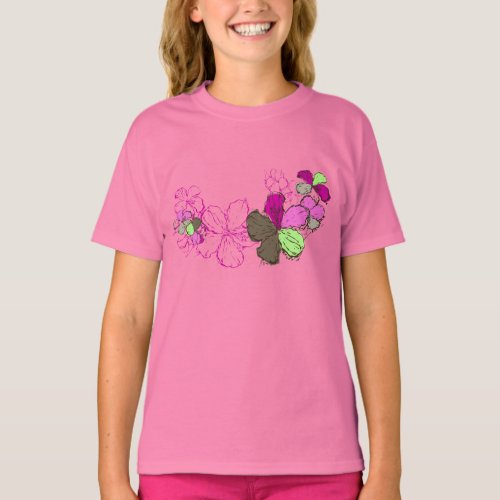 Doodle Hibiscus Hawaiian Floral Illustration T_Shirt