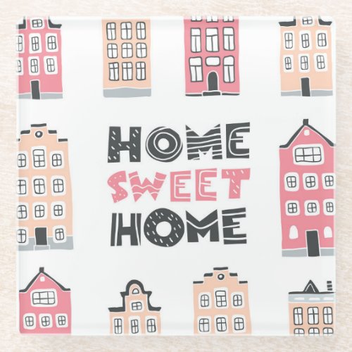 Doodle houses stylized city collection glass coaster