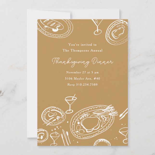 Doodle Illustrated Thanksgiving Dinner Holiday Invitation (Front)