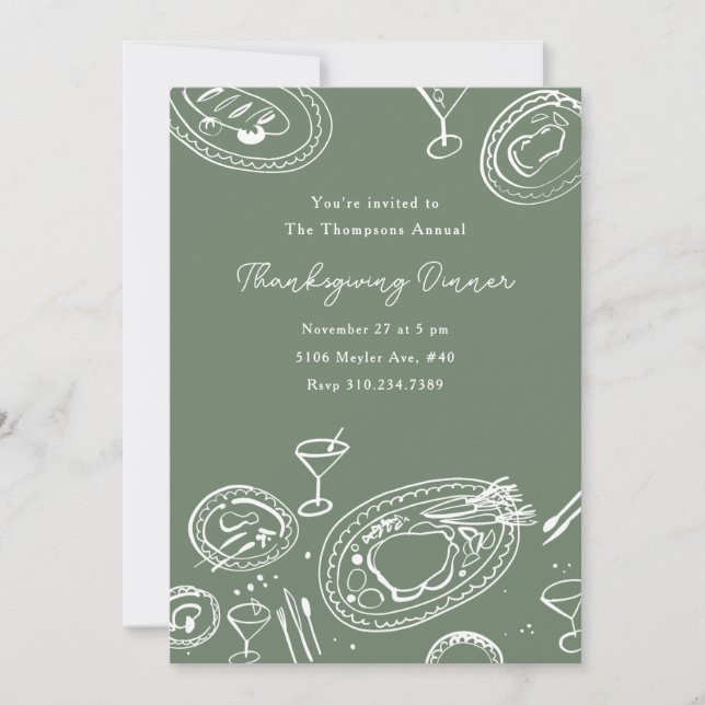 Doodle Illustrated Thanksgiving Dinner Holiday Invitation (Front)
