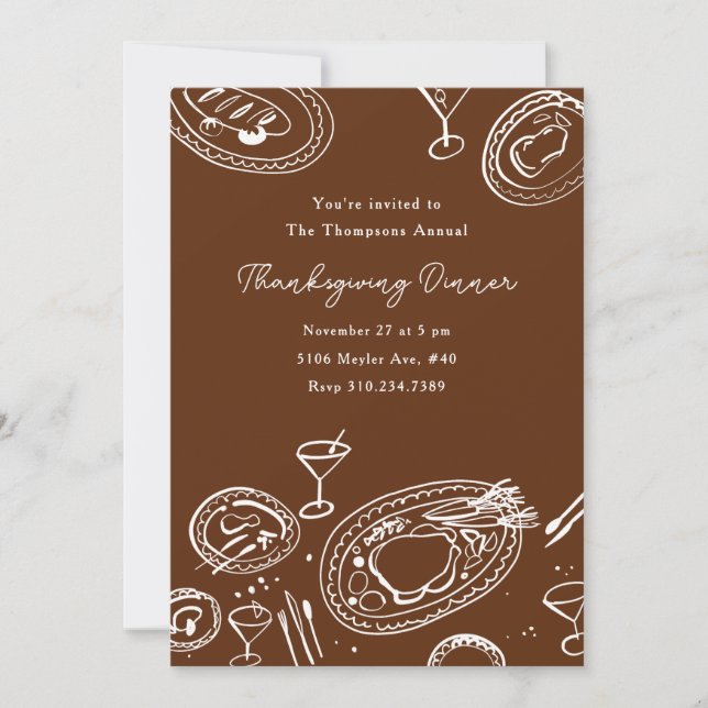 Doodle Illustrated Thanksgiving Dinner Holiday Invitation (Front)