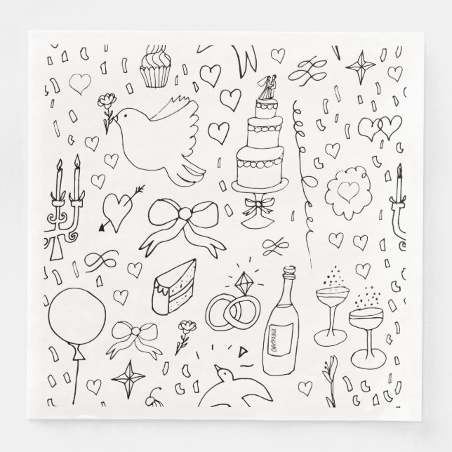 Doodle Illustrations Wedding in Black and White Paper Dinner Napkins (Front)