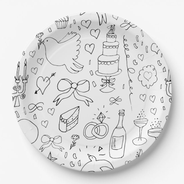 Doodle Illustrations Wedding in Black and White Paper Plates (Front)