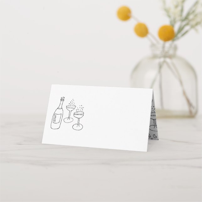 Doodle Illustrations Wedding in Black and White Place Card (Front)