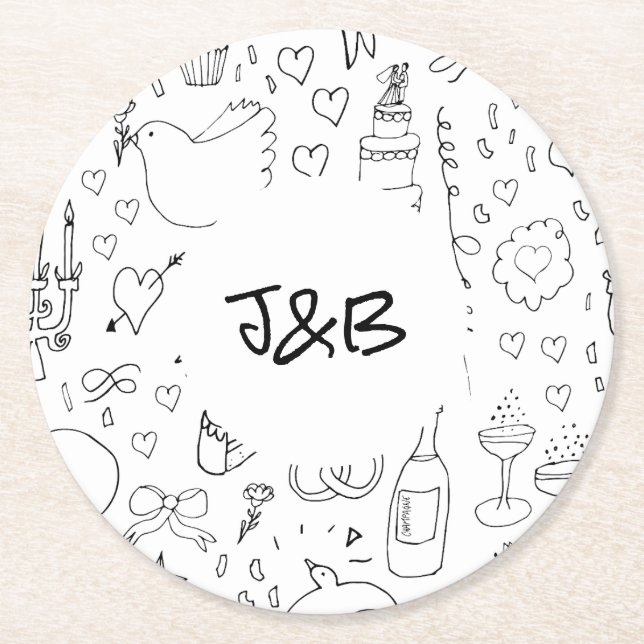 Doodle Illustrations Wedding in Black and White Round Paper Coaster (Front)