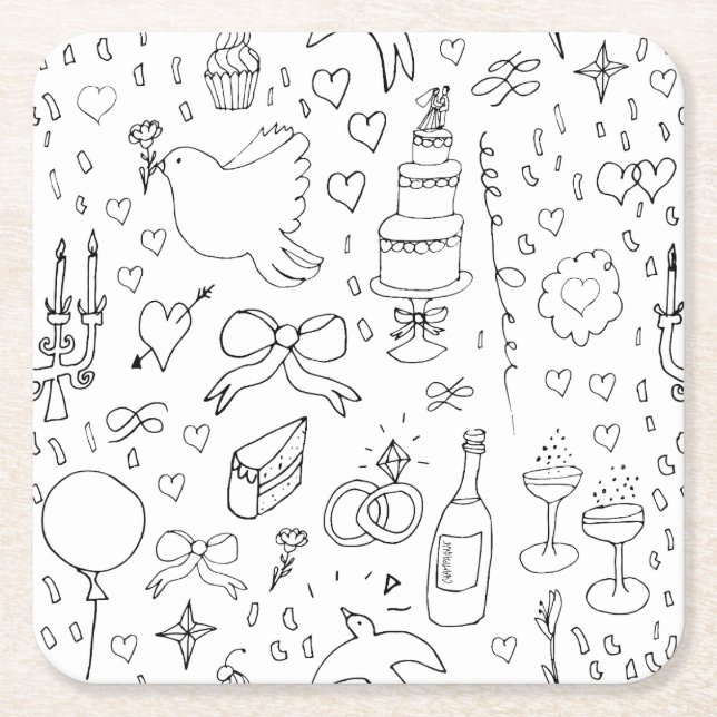 Doodle Illustrations Wedding in Black and White Square Paper Coaster (Front)