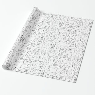Doodle Illustrations Wedding in Black and White Wrapping Paper