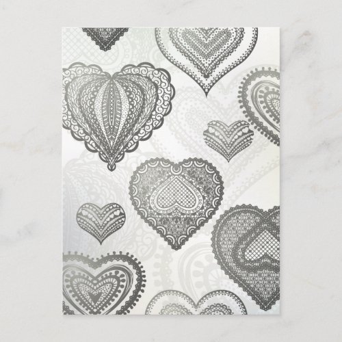 Doodle  lace gray hearts postcard