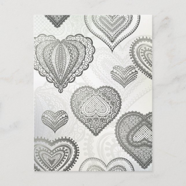Doodle & lace grey hearts postcard (Front)