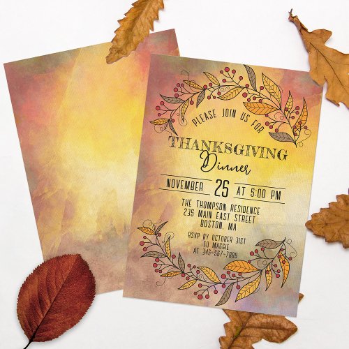 Doodle Leaves and Berries Thanksgiving Dinner Invitation