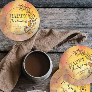 Doodle Leaves & Berries Thanksgiving Wreath Round Paper Coaster