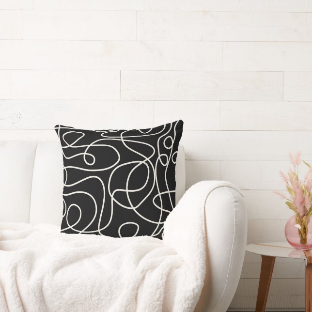 Doodle Line Art Pattern | Cream on Black Throw Pillow (Couch)