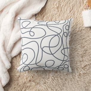 Doodle Line Art Pattern Dark Blue-Gray on White Throw Pillow