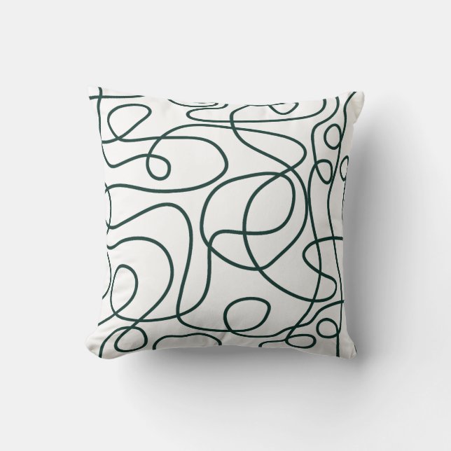 Doodle Line Art Pattern | Dark Emerald on White Throw Pillow (Front)
