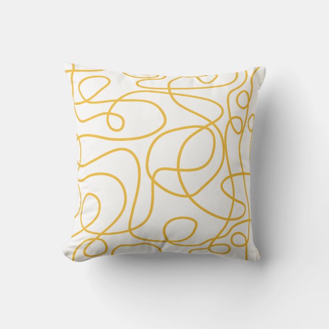 Doodle Line Art Pattern | Mustard Yellow on White Throw Pillow (Front)