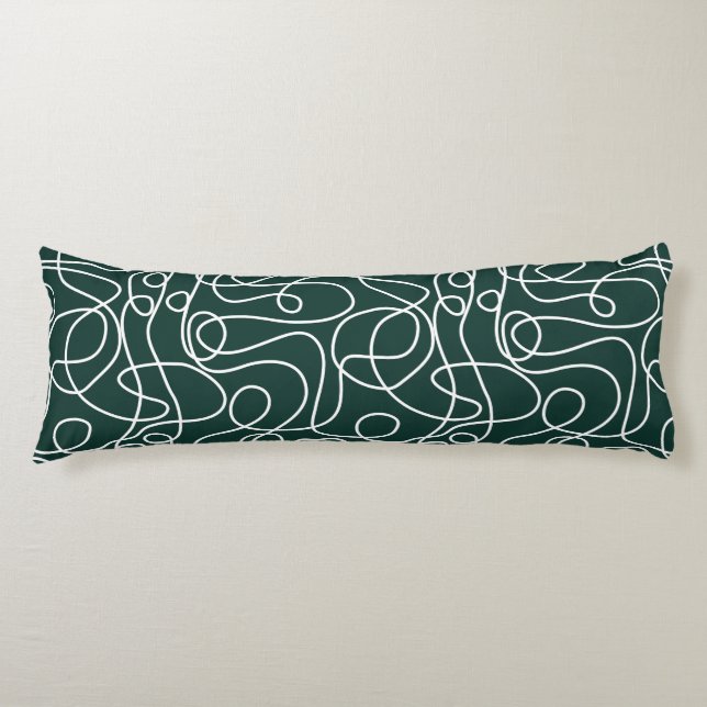 Doodle Line Art Pattern | White/Dark Emerald Green Body Pillow (Front)