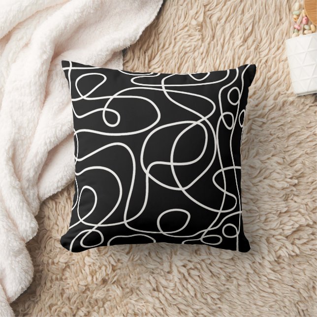 Doodle Line Art Pattern | White on Black Throw Pillow (Blanket)