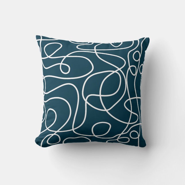 Doodle Line Art Pattern | White on Dark Blue-Green Throw Pillow (Front)